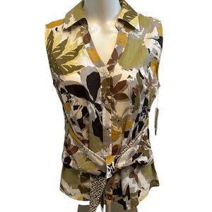 NIC+ZOE White, Green and Brown Sleeveless Button Down Top